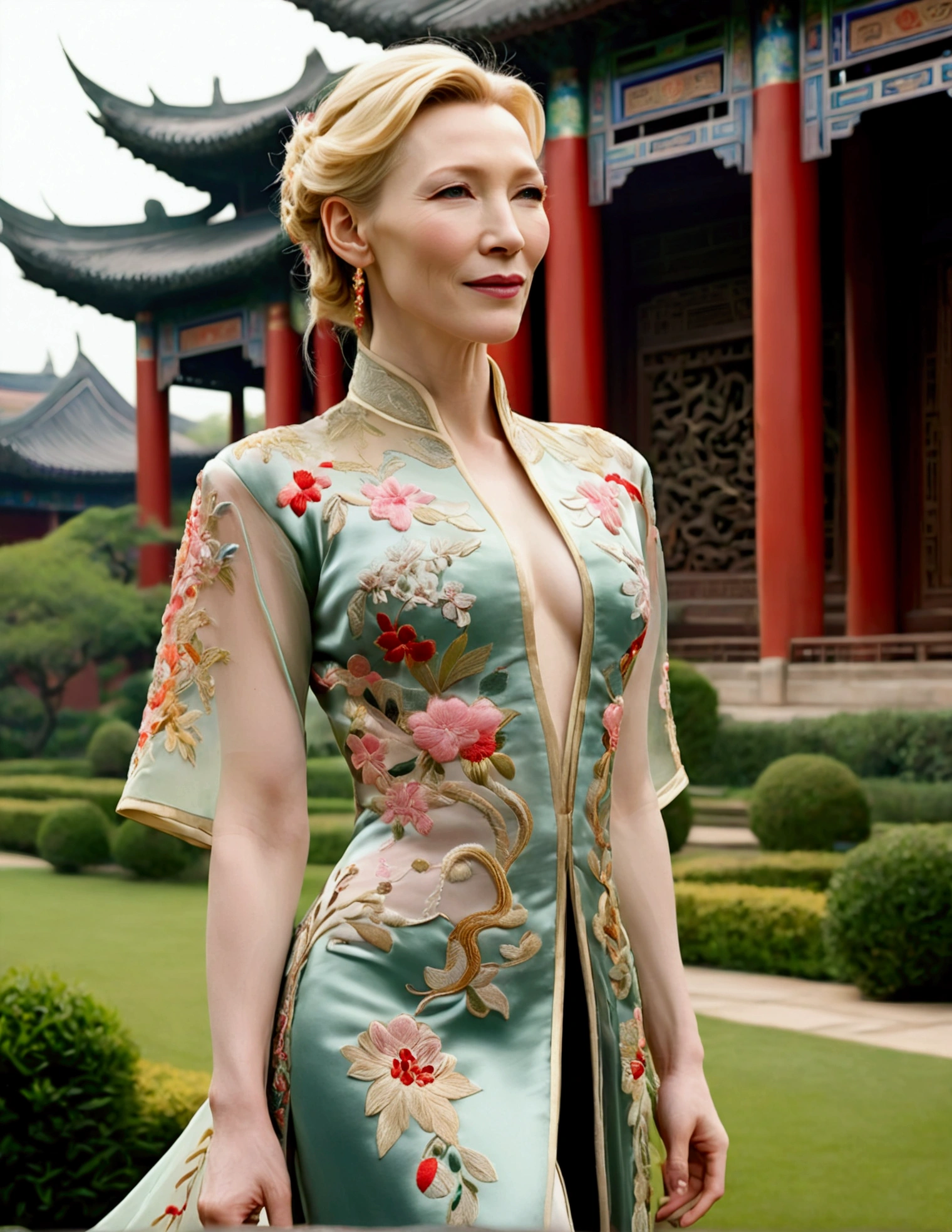 1 woman (Cate Blanchett, age 25, intricate silk Chinese dress with lots of embroidery sheer with several large slits, no underwear, traditional hairstyle and Chinese makeup) wandering through a palace garden
