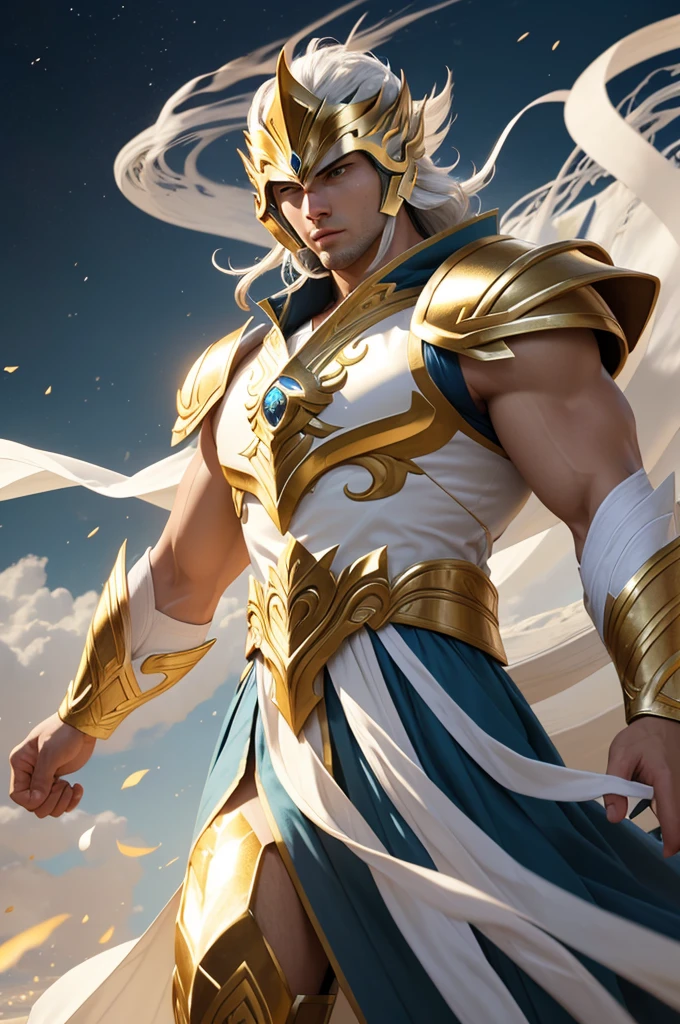 Whole body photorealistic handsome Hunky man with spirit Mage themed white and gold light armor, saint seiya style helmet and skirt, shirtless, Whole body, Best Quality, maestro, realistic face, Best Quality, portrait of a , realista 4k, 18k, smoke and waves everywhere