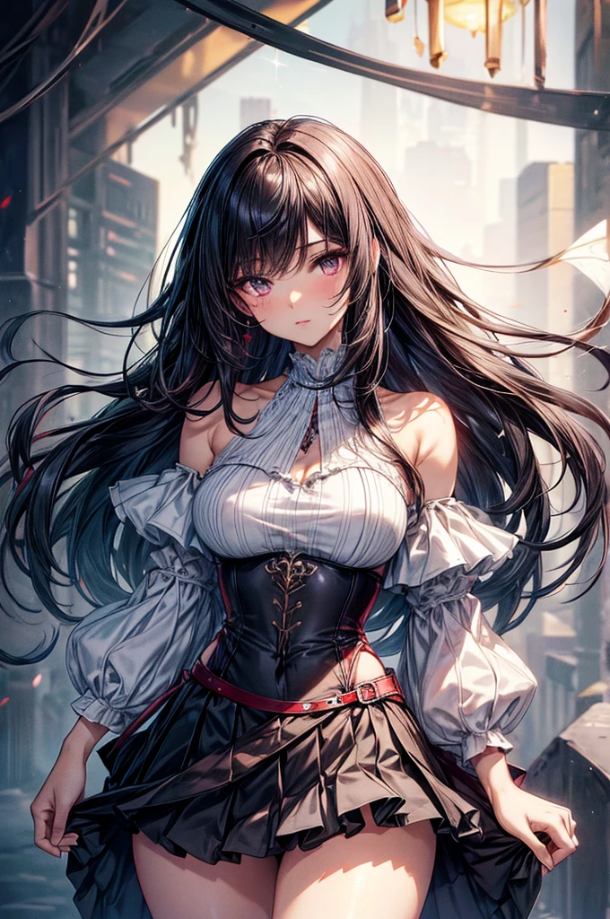 highest quality, ultra high resolution, super detailed, gorgeous, masterpiece, best quality, high resolution finely detailed, distinct image, finely detailed, hourglass figure, immaculate and alluring body shape, 17 year old, 1 girl, solo, sharp facial features, oval shaped face, high-bridged nose, cherry red lips, dark velvet colored eyes, medium height(175cm), slim curves, toned body type, flowing waist length hair, sleek dark violet-black hair, narrow waist, long slender legs, modern city setting, flawless lightly tanned white skin, frilly off-shoulder blouse, long pleated skirt