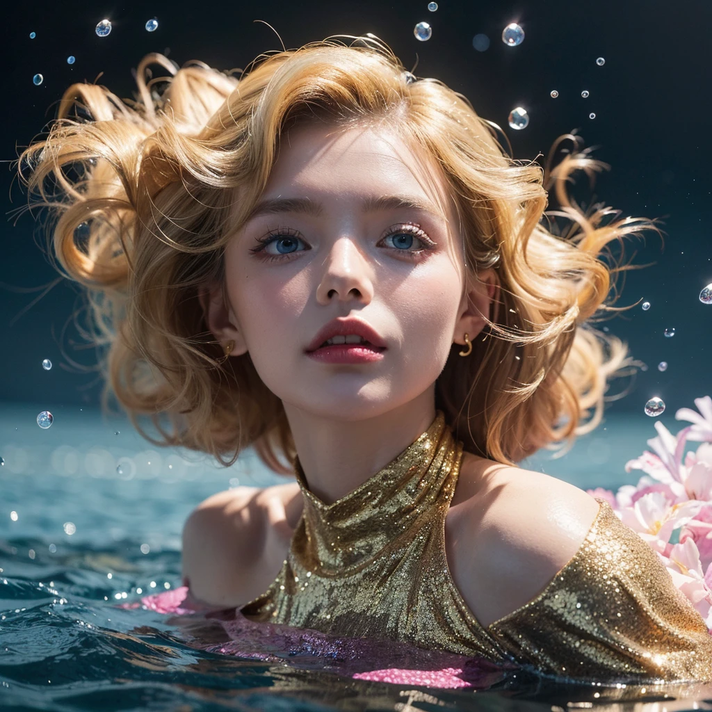 Dress in gold tuxdeo. His dark hair. He holds her above the  water. Her long blonde hair  shimmers and swirls. Her Blue eyes open. She wears a pink  mix blue, gold, white  pisatin dress.