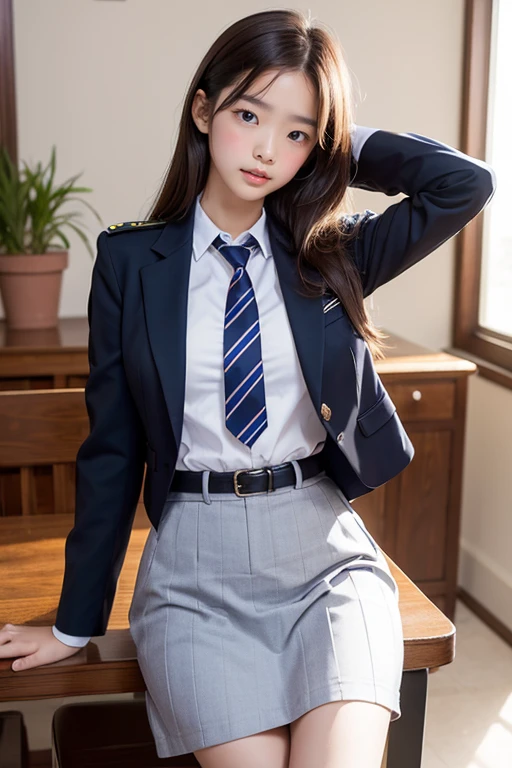 Highest Resolution, 4K, masterpiece, high school girl,uniform, 18-year-old, woman&#39;photograph,  ((Beautiful posture))、Big eyes, Cleavage、Thighs, Realistic teeth, double eyelid, (whole body),((Braided short tail)) Highest quality, Familiar, beauty, Adorable, By the pond、Big eyes、Droopy eyes