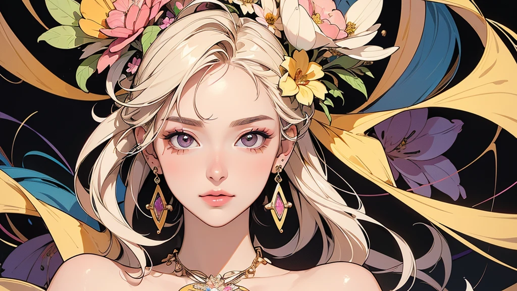 32K, 最高quality, 最高masterpiece, (ultra-Detailed Background, Detailed Background), Absurd, High resolution, Super detailed, Very detailedな, One girl, (bouquet:1.3), (Tangled:1.2), (Geometric:1.2),(colorful),(masterpiece, quality, best quality, Official Art, Beautiful and beautiful:1.2), (1 girl:1.3), Very detailed,(colorful:1.1)(Flowers:1.3),Most detailed,(Tangled:1.2), whole body, (Abstract background:1.3), (Skin glows), (Many colors:1.4), ,(Earrings Jewelry:1.5), Pale yellow background,