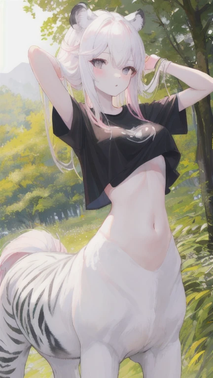 (best quality, masterpiece), 1 girl, centaur, It takes, White skin, Korean ,daughter,black pink, exposing the abdomen, belly button t-shirt , 아름다운 소녀 Perfect wild white tiger photo, Perfect wild white tiger photo
