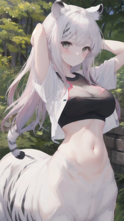 (best quality, masterpiece), 1 girl, centaur, It takes, White skin, Korean ,daughter,black pink, exposing the abdomen, belly button t-shirt , 아름다운 소녀 Perfect wild white tiger photo, Perfect wild white tiger photo