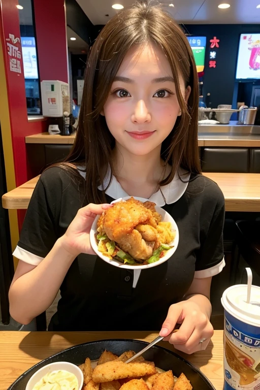 ((Highest quality)), ((masterpiece)), (detailed), One girl, sexy,Fried chicken girl,delicious,Crispy,Freshly fried,With cabbage,table,Fast food restaurants