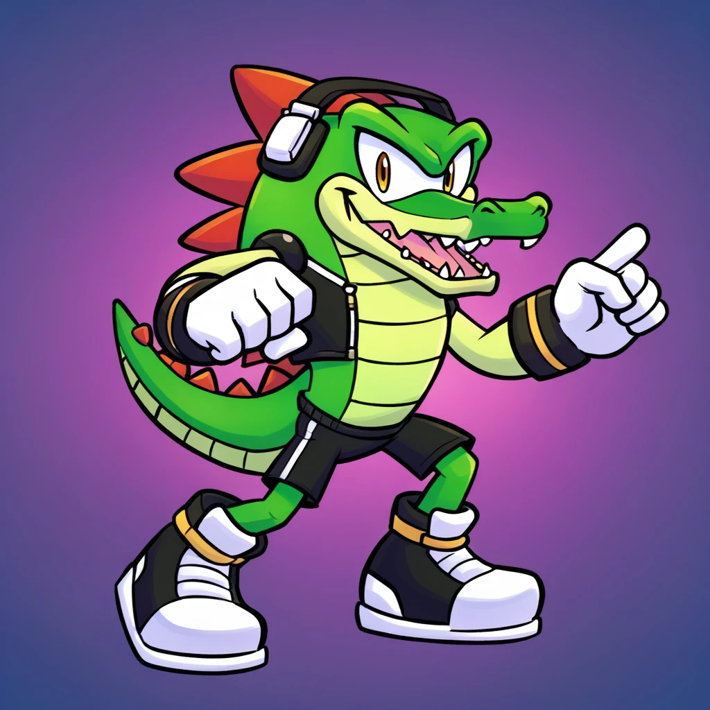 Custom avatar,  vector the alligator character, wearing black shorts, in the cyberspace￼, cgi backround, doing a dyamic pose,