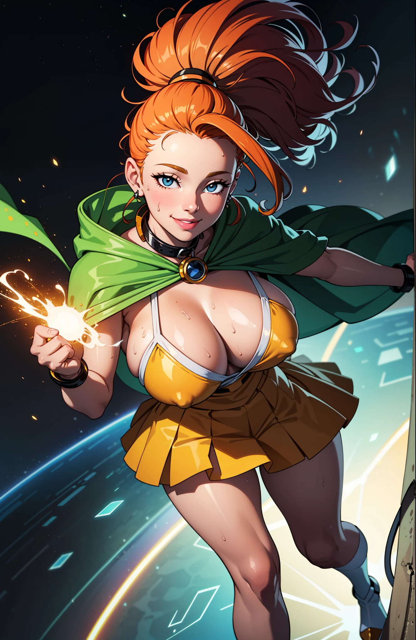 Digital painting of frying muscle girl, (red:1.0) mixed blue mixed white mixed yellow costume (mixed color costume:1.5), pose, fist up, ((from above)), (((1knee up))), Behance Contest Winner, Afrofuturism, Synthwave, neon, glowing neon, (((sagging massive breasts))), mini highschool skirt, cape, sweat, glossy silky skin, ((smile cute face)), in space, flash light, plasma spark, bomber, strong back-light, spinning, tornado spin, wind swirl, spinning like a tornado, sexy,