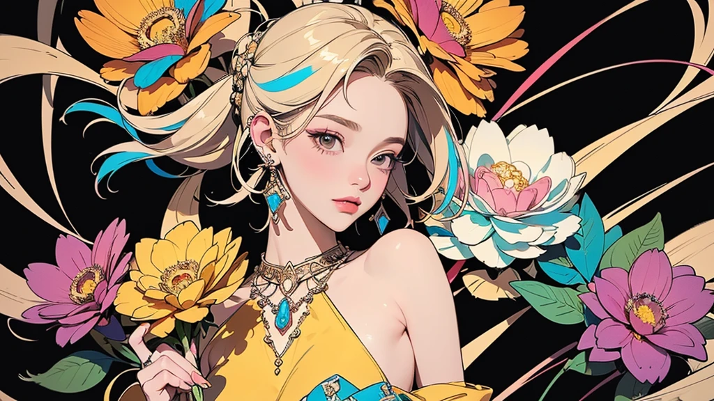 32K, 最高quality, 最高masterpiece, (ultra-Detailed Background, Detailed Background), Absurd, High resolution, Super detailed, Very detailedな, One girl, (bouquet:1.3), (Tangled:1.2), (Geometric:1.2),(colorful),(masterpiece, quality, best quality, Official Art, Beautiful and beautiful:1.2), (1 girl:1.3), Very detailed,(colorful:1.1)(Flowers:1.3),Most detailed,(Tangled:1.2), whole body, (Abstract background:1.3), (Skin glows), (Many colors:1.4), ,(Earrings Jewelry:1.5), Pale yellow background,