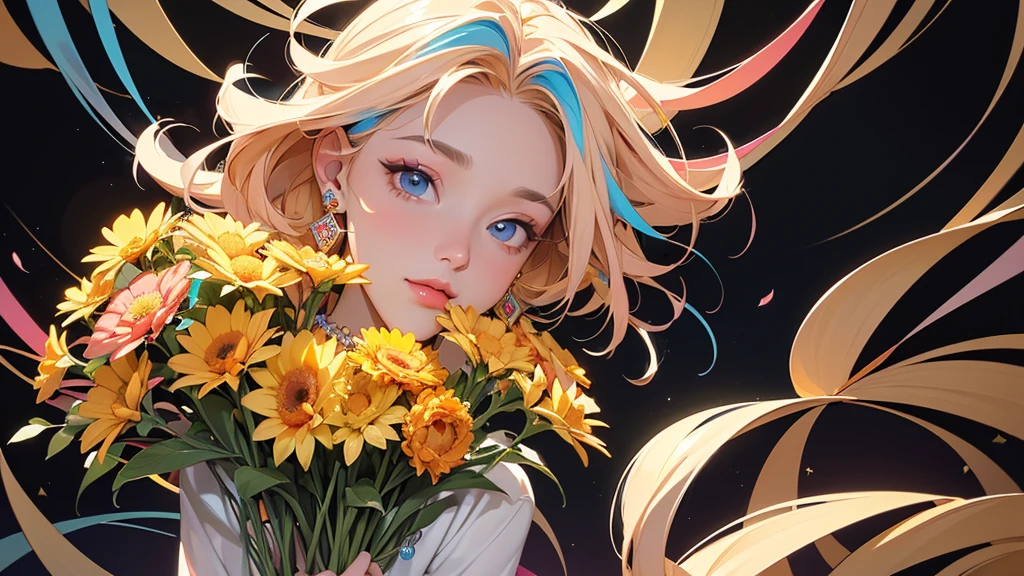 32K, 最高quality, 最高masterpiece, (ultra-Detailed Background, Detailed Background), Absurd, High resolution, Super detailed, Very detailedな, One girl, (bouquet:1.3), (Tangled:1.2), (Geometric:1.2),(colorful),(masterpiece, quality, best quality, Official Art, Beautiful and beautiful:1.2), (1 girl:1.3), Very detailed,(colorful:1.1)(Flowers:1.3),Most detailed,(Tangled:1.2), whole body, (Abstract background:1.3), (Skin glows), (Many colors:1.4), ,(Earrings Jewelry:1.5), Pale yellow background,