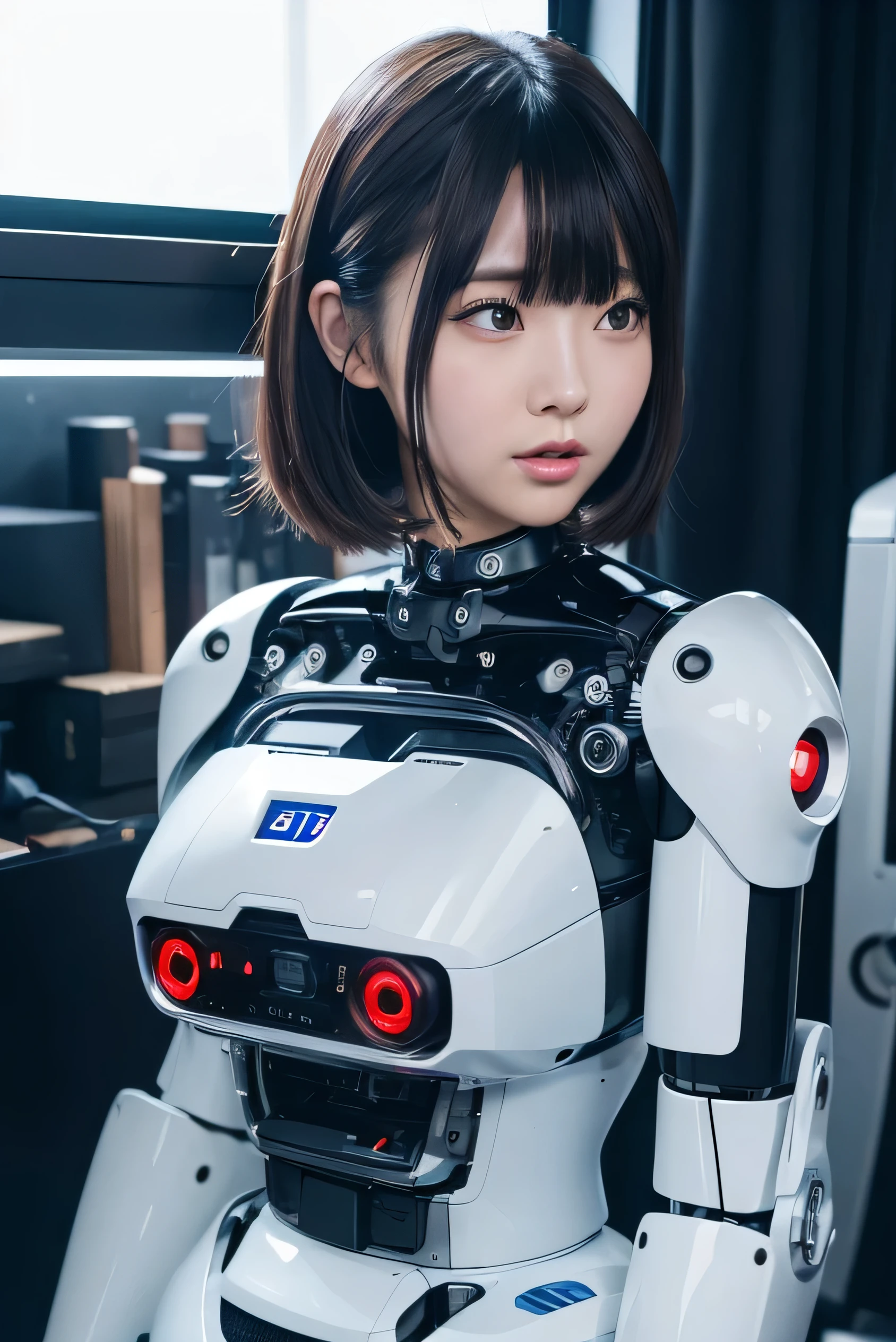 masterpiece, best quality, extremely detailed, Japaese android girl,portrait,Plump,a bit chubby,control panels,android,Droid,Mechanical Hand, Robot arms and legs, Black hair,Blunt bangs,perfect robot girl,long tube,thick cable connected her neck,android,robot,humanoid,cyborg,japanese cyborg girl ,robot-assembly plant,She is assembling now,assembly scene,camera eyes,chest monitor
