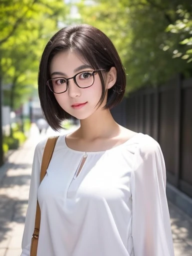 20-year-old women、Japanese、Beauty、The eyes are double、White blouse、White Background、Beautiful breasts、Natural Whitening, short hair、Black Hair、Black-rimmed glasses、Upper Body