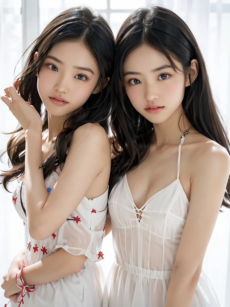 ((Highest quality)),(Ultra-high resolution),(Very detailed),(Detailed Description),((The best CG)),(masterpiece),Very detailedなアート、Small breasts、Whitening 1.5、Clear skin quality、(((Full upper body nude 1.5)))、Racing High Leg、Ribbon hair ornament、(((1.5)))Tying up hair、(( 1.5)))、Glitter Necklace、Ultimate Beauty 1.5(((See-through dresses 1.5)))、Sheer 1.2、smile、(((White background、High Key Portrait、Cinema lighting、Dramatic lighting、)))