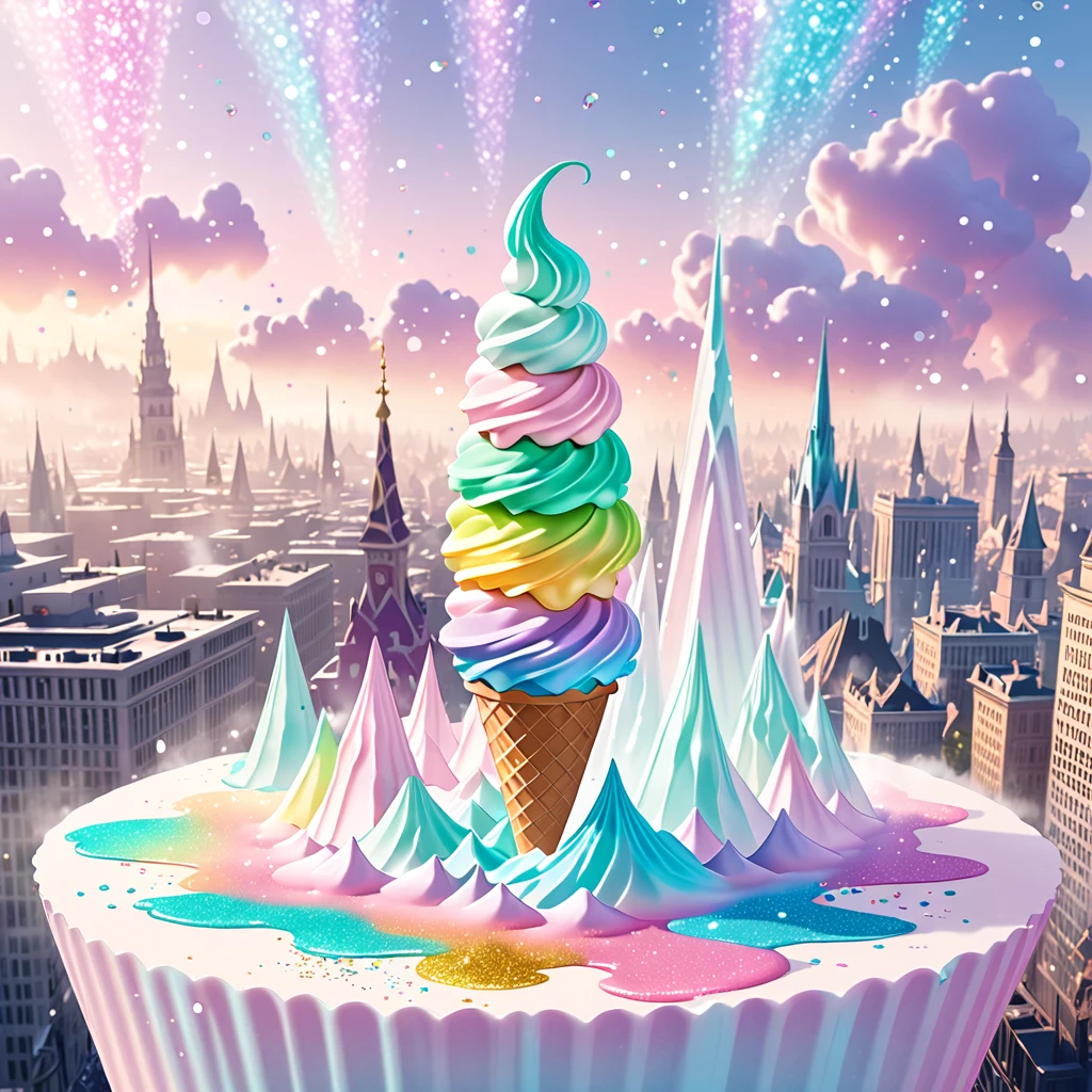 cityscape made of colorful soft serve ice cream, cute fantasy graphic CG digital art, 2.5D, delicate and dynamic, shading effects, hyper realistic, foggy effects, glitter effects, background pastel color