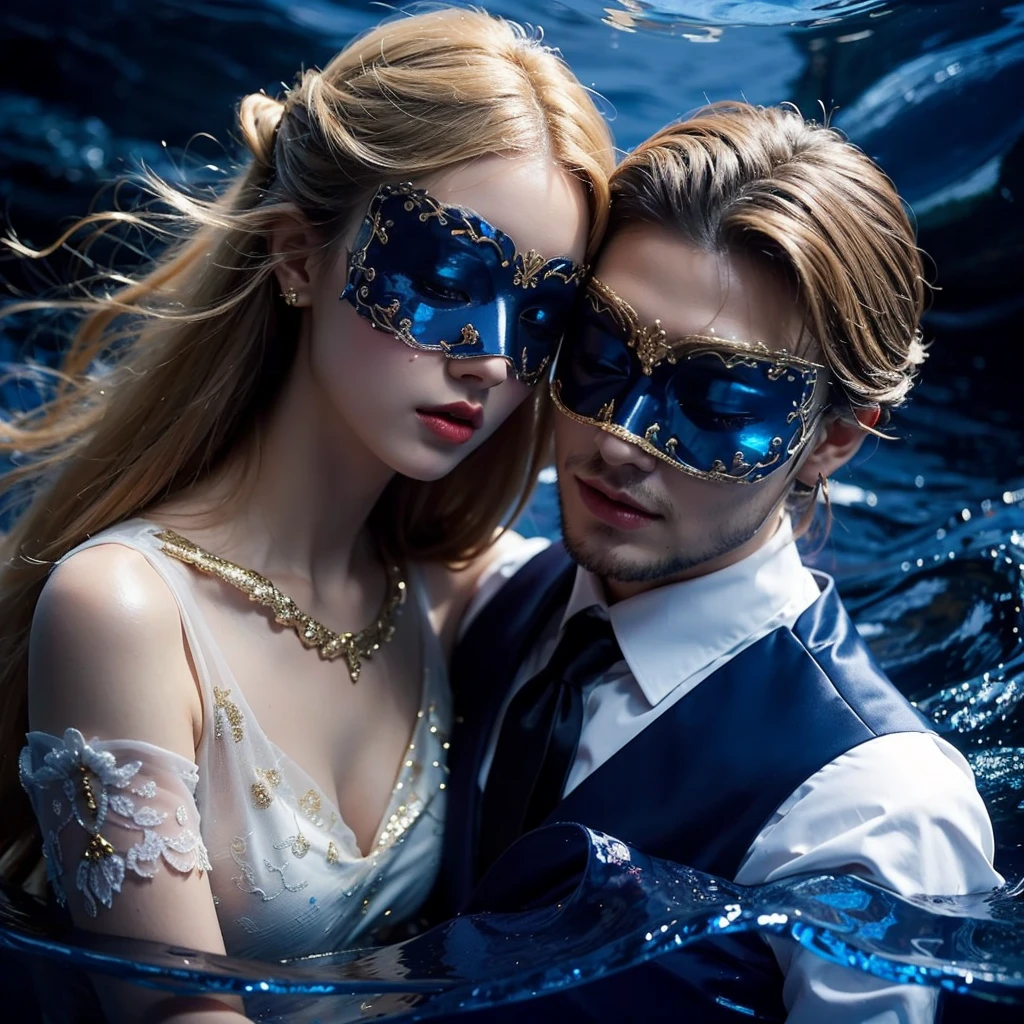 Dress in gold tuxdeo. His dark hair. He holds her above the  water. Her long blonde hair  shimmers and swirls. Her Blue eyes open. She wears a pink  mix blue, gold, white  pisatin dress.