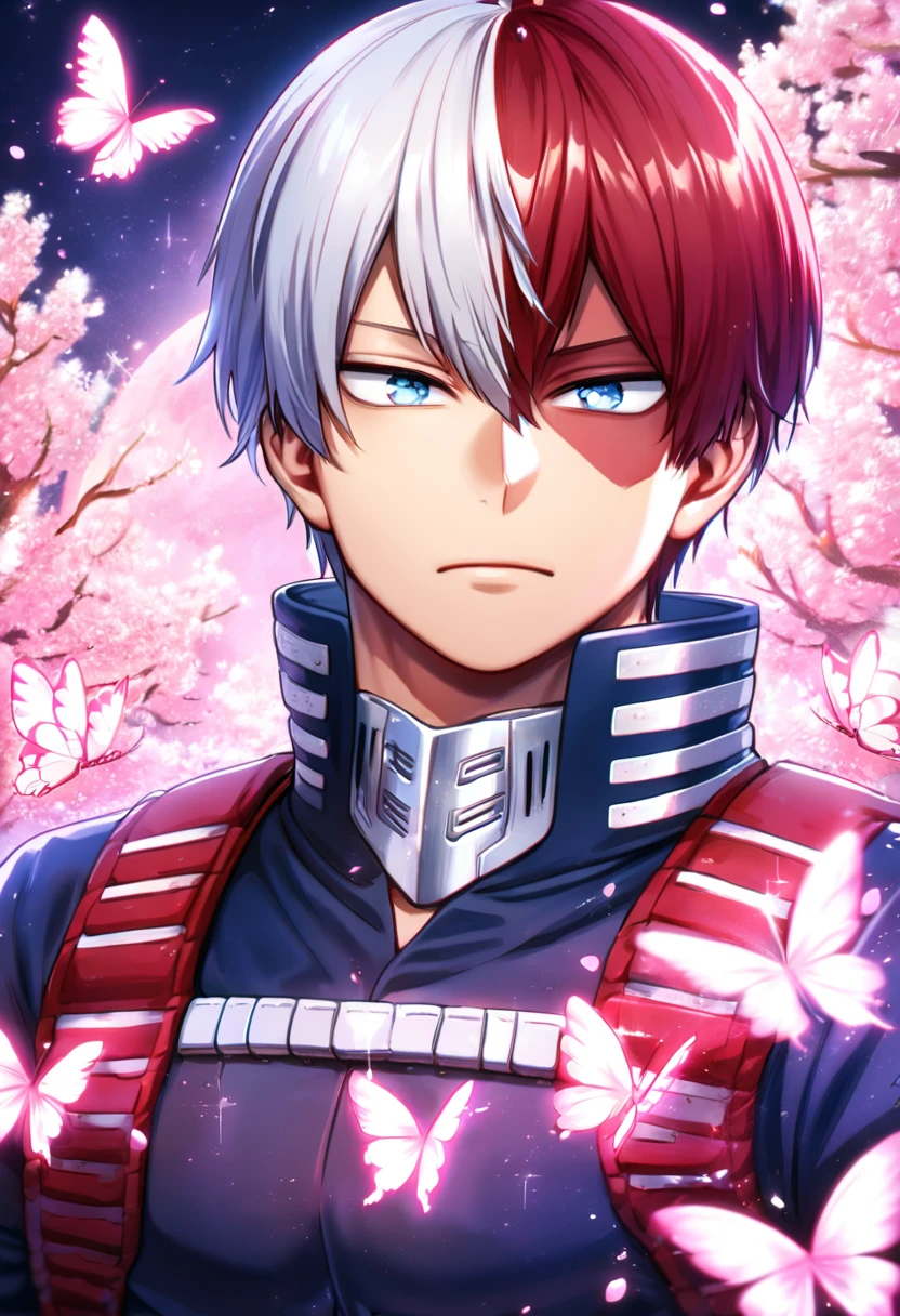 absurdres, highres, ultra detailed, HDR, master piece, best quality, extremely detailed, Todoroki Shouto, bicolored hair, right side of the hair white, left side of the hair red, expressive blue eyes, Boku No Hero Academia, solo, sexy man, handsome, dark blue hero clothes, magical, sparkling, pink glittering fireflies, pink ice, pink ice butterflies, pink ice petals, pink ice cherry blossoms, pink crystal, pink flowers, pink moon