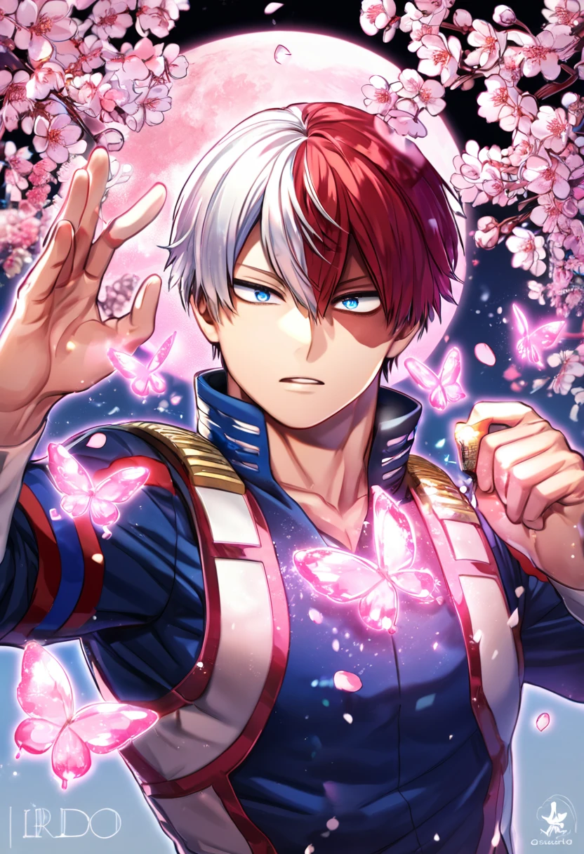 absurdres, highres, ultra detailed, HDR, master piece, best quality, extremely detailed, Todoroki Shouto, bicolored hair, right side of the hair white, left side of the hair red, expressive blue eyes, Boku No Hero Academia, solo, sexy man, handsome, dark blue hero clothes, magical, sparkling, pink glittering fireflies, pink ice, pink ice butterflies, pink ice petals, pink ice cherry blossoms, pink crystal, pink flowers, pink moon