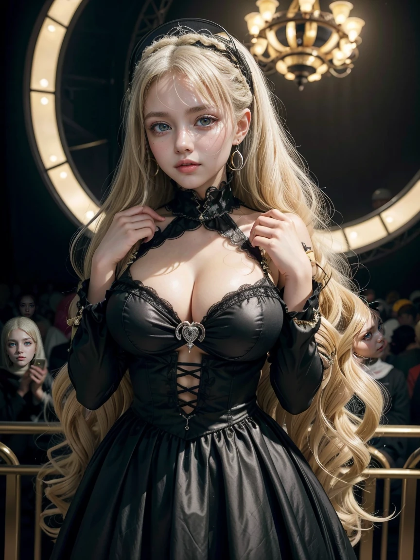 1 arab Girl Beautiful, Baby symmetric Face, ,,enormous Breasts ,,((wearing a gothic lolita cosplutfit at an anime convention on stage)) longs silver curly and wavy White- silver Hair tied in a daenerys hairstyle from game of thrones hairstyle. adorable masterpiece ((yellow honey colored-eyes)) , very thick hourglass figure body,, looking at viewer, ,(nighttime),wearing jewelry, earrings, ((caressing herself)) ))innocent look, aroused,