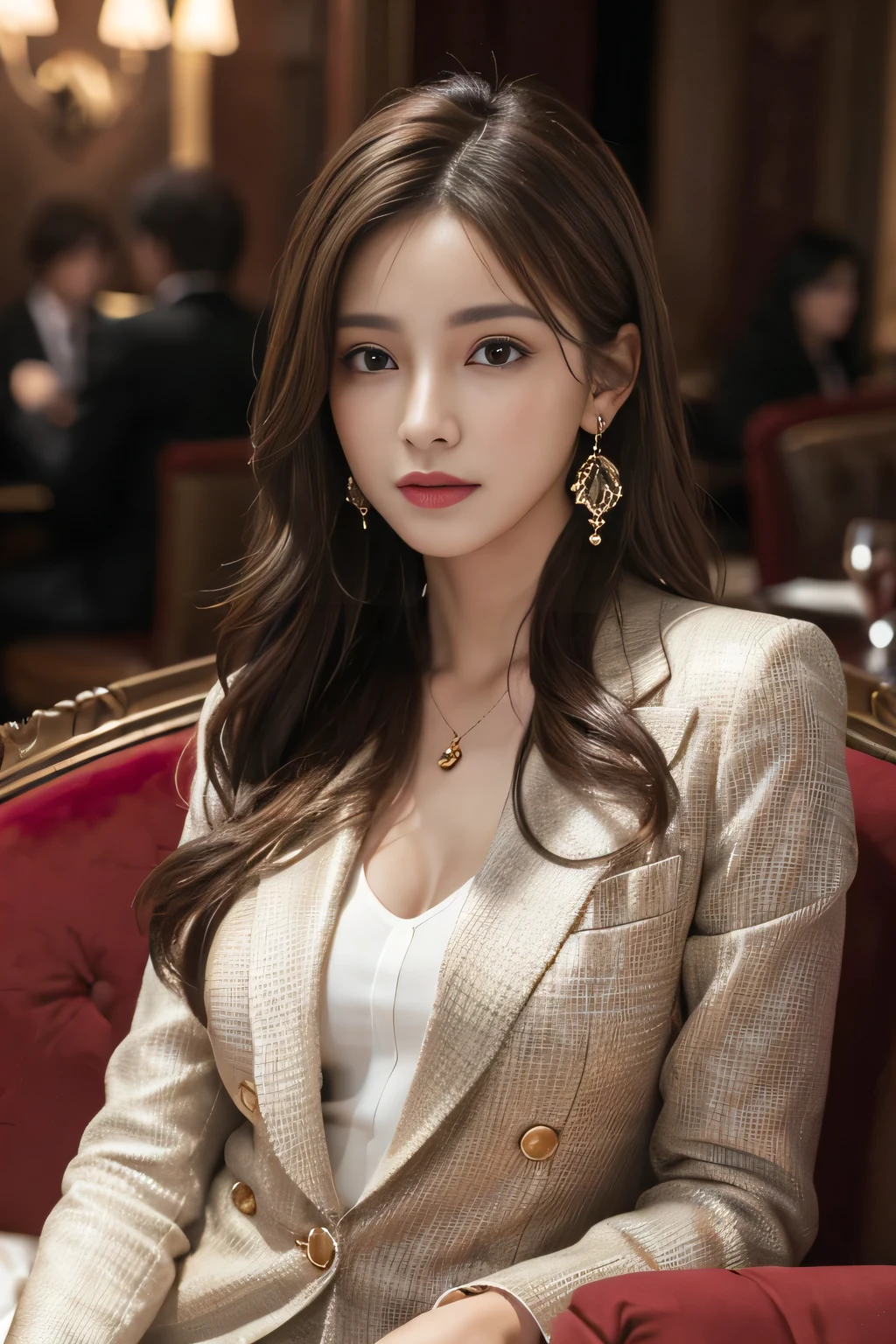 masterpiece, Highest quality, Realistic, Very detailed, Finer details, High resolution, 8k wallpaper, One beautiful woman,Wear a nice suit, In a great restaurant, At night, Light brown messy hair, Perfect dynamic composition, Beautiful and beautiful eyes、Big earrings、Sit on the sofa