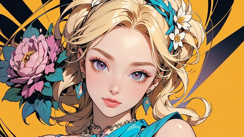 32K, 最高quality, 最高masterpiece, (ultra-Detailed Background, Detailed Background), Absurd, High resolution, Super detailed, Very detailedな, One girl, (bouquet:1.3), (Tangled:1.2), (Geometric:1.2),(colorful),(masterpiece, quality, best quality, Official Art, Beautiful and beautiful:1.2), (1 girl:1.3), Very detailed,(colorful:1.1)(Flowers:1.3),Most detailed,(Tangled:1.2), whole body, (Abstract background:1.3), (Skin glows), (Many colors:1.4), ,(Earrings Jewelry:1.5), Pale yellow background,