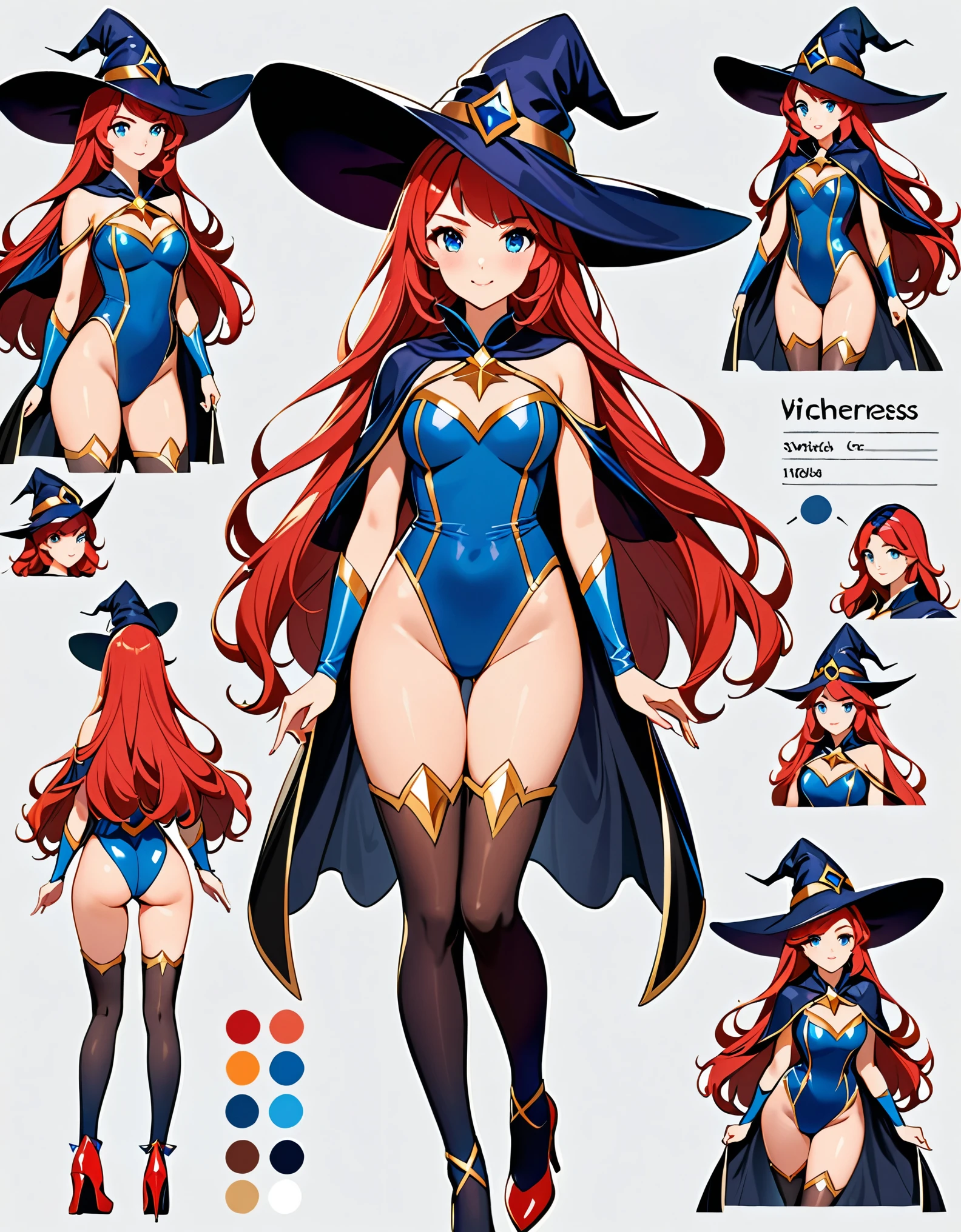 (masterpiece), (best quality), (highres), 1girl, high school student, superhero, superhero sorceress witch, sky witch, (leotard, blue leotard with white accents), bare legs, (blue thigh-highs), (red high heels), witch hat, red hair, long hair, blue eyes, beautiful detailed eyes, beautiful detailed face, cute face, medium breasts, -18, solo, solo focus, wonder, Simple background, Multiple Views, Character Sheet Full-Length.