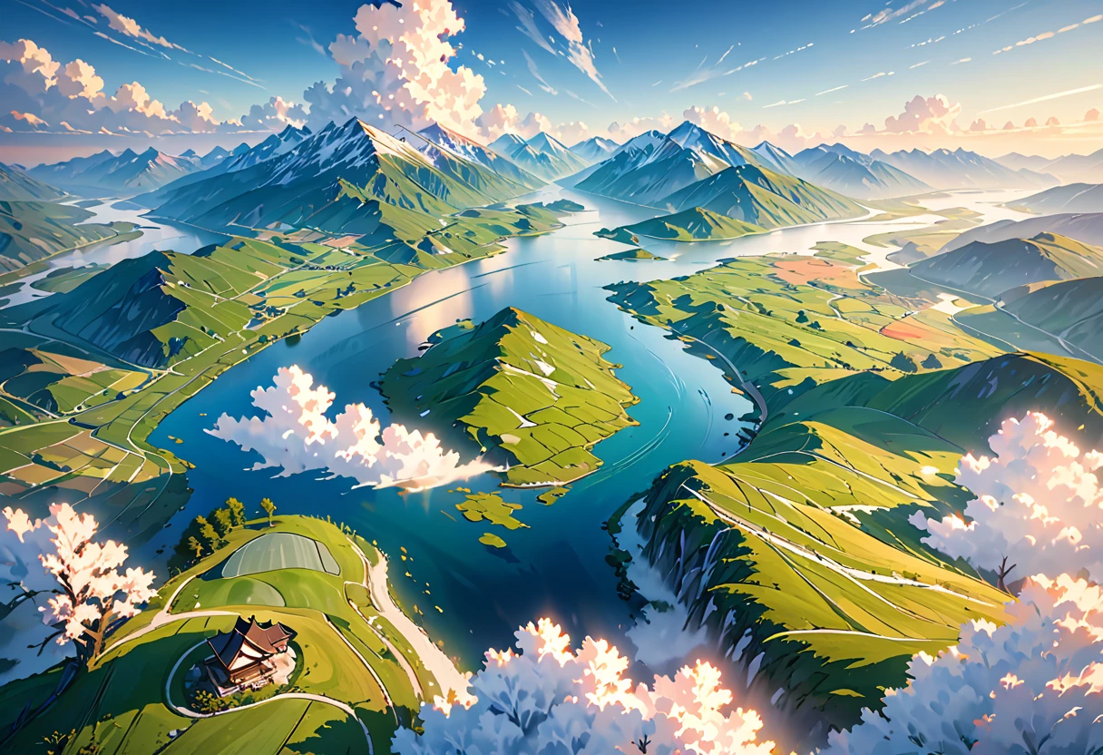 Bird's-eye view flying 800 meters above the ground, From above the clouds looking down at (right angles:1.2) onto the fields below, beautiful landscape, aerial photography, rolling hills, lush meadows, (countryside:1.3), meandering river, snow-capped mountains, dramatic clouds, morning light shining in from an angle, natural dramatic lighting, cinematic composition, stunning vistas, breathtaking scenery, serene atmosphere, peaceful countryside, (highest quality, 4k, 8k, high resolution, masterpiece 1.2), ultra-detailed, (realistic, photorealistic, photorealistic 1.37), landscape photography, vibrant colors, natural light, detailed lighting, dramatic shadows, vibrant colors, fantasy, digital art, concept art