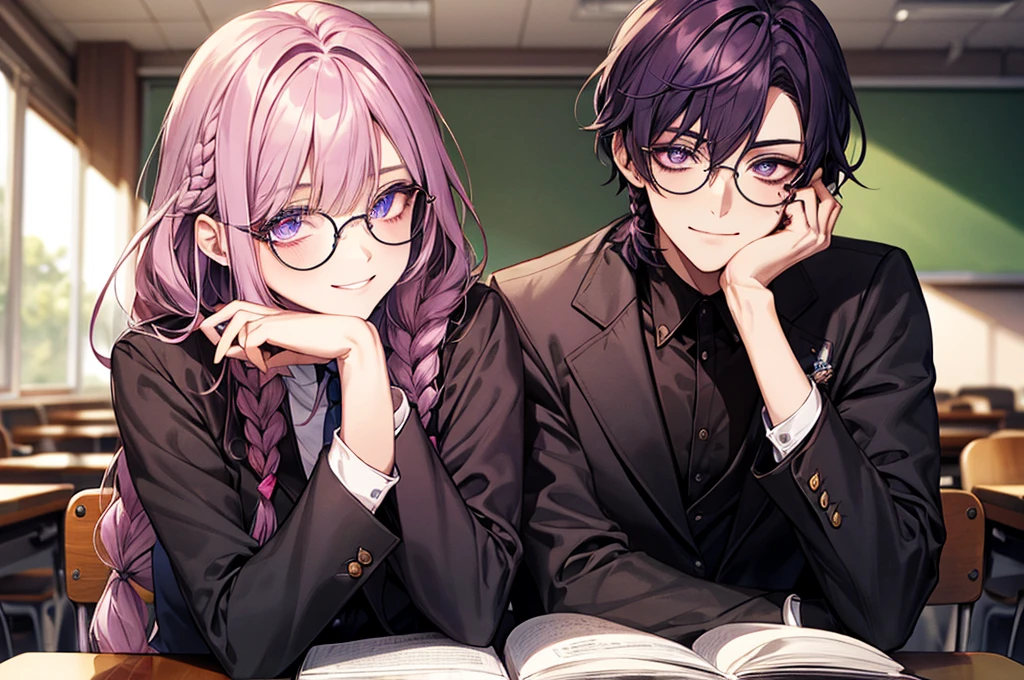 men's,single braid hair,violet colored hair,(Eye 1:2,Clear eyes,Elaborate Eyes,Delicate pupils,Good eyes,eye detailed),Face Focus,Adult,In black suit,best qualtiy,facial detailing,Classroom,sit on desk,sitting in the couch,lazy,Detailed background,diffuse sunlight,depth of fields,Studying Smiling at your desk, violet eyes,black gloves, round glasses, long sleeves,violet hair, smile,