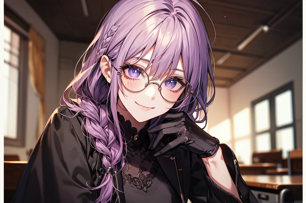 men's，single braid hair，violet colored hair，（Eye 1：2，Clear eyes，Elaborate Eyes，Delicate pupils，Good eyes，eye detailed），Face Focus，Adult，In black suit，best qualtiy，facial detailing，‎Classroom，sit on desk，sitting in the couch，lazy，Detailed background，diffuse sunlight，depth of fields，Studying　Smiling at your desk, violet eyes,black gloves, round glasses, long sleeves,violet hair, smile,