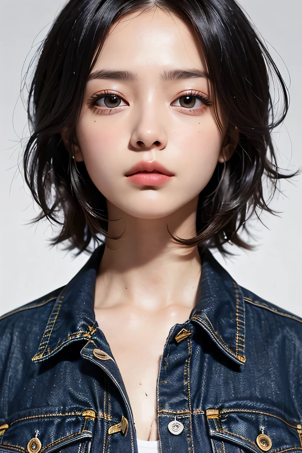 ((masterpiece , Highest quality ,Face Focus)), 27 year old single woman , No tie collared shirt , Denim jeans , thin , Flat Chest , (Black medium hair , (Messy Hair:1.37) , Red eyes , Dark circles under the eyes:1.3) , (Jig eyes , Expressionless:1.7) , (smile: 0.1)