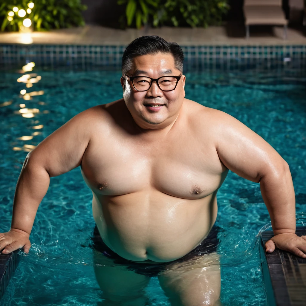 Man, Asian, 50 years old, Fat, Chubby, wearing glasses, shirtless, swimming in the pool, luxury hotel, Top view, sharp image, high resolution, beautiful lights at night.