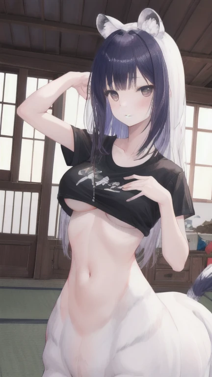 (best quality, masterpiece), 1 girl, centaur, It takes, White skin, Korean ,daughter,black pink, exposing the abdomen, belly button t-shirt , 아름다운 소녀 Perfect wild white tiger photo, Perfect wild white tiger photo