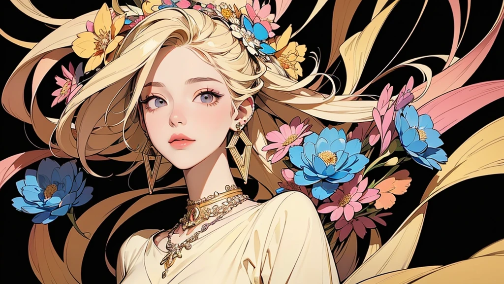32K, 最高quality, 最高masterpiece, (ultra-Detailed Background, Detailed Background), Absurd, High resolution, Super detailed, Very detailedな, One girl, (bouquet:1.3), (Tangled:1.2), (Geometric:1.2),(colorful),(masterpiece, quality, best quality, Official Art, Beautiful and beautiful:1.2), (1 girl:1.3), Very detailed,(colorful:1.1)(Flowers:1.3),Most detailed,(Tangled:1.2), whole body, (Abstract background:1.3), (Skin glows), (Many colors:1.4), ,(Earrings Jewelry:1.5), Pale yellow background,