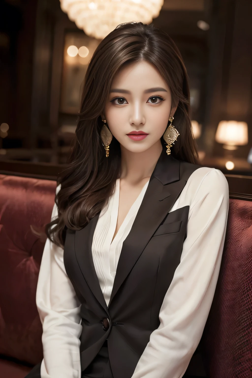 masterpiece, Highest quality, Realistic, Very detailed, Finer details, High resolution, 8k wallpaper, One beautiful woman,Wear a nice suit, In a great restaurant, At night, Light brown messy hair, Perfect dynamic composition, Beautiful and beautiful eyes、Big earrings、Sit on the sofa