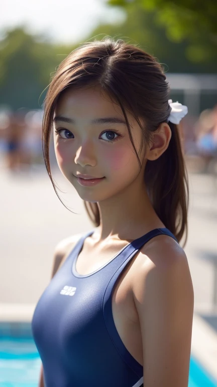 Highest quality, (RAW Photos: 1.2), (masterpiece: 1.4), (Realistic: 1.4), (High resolution: 1.4)((Gal )),((Sunburned skin))((Gal Makeup))、(Gal Hairstyles)、(Very detailed美しい顔)、,((Navy school swimsuit)),Are standing,Looking at the audience,Poolside,(smile:1.2),blonde、,Dynamic Angle, (Highest quality,masterpiece:1.2),Confused,High resolution,Very detailed,Very detailed,32K, Movie-like scene,Detailed Background,alone,Dynamic Angle, Hair blowing in the wind,Beautiful and exquisite