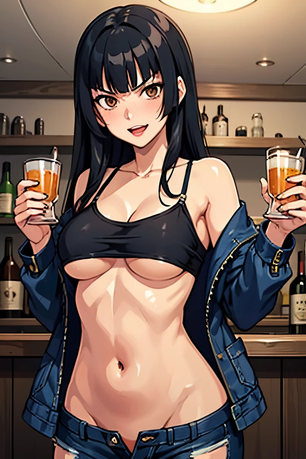 1girl,wang liu mei,brown eyes, long hair,  blush, lipstick, Hot girl, baddie, staring, glaring, bad attitude, mean girl, crazy, smoking, sensual, attractive, masterpiece,high quality,4k, bare shoulder,belly,crop top,holding pistol,cleavage,casual dress, bar background, inside bar, indoor,smile, open mouth, (nsfw) not safe for work, evil expression, exposed belly, exposed navel, exposed midriff, exposed lower belly, crop top overhang, underboob,jacket, unbuttoned jeans , low rise black jeans, Low rise jeans, Low rise jeans with open fly