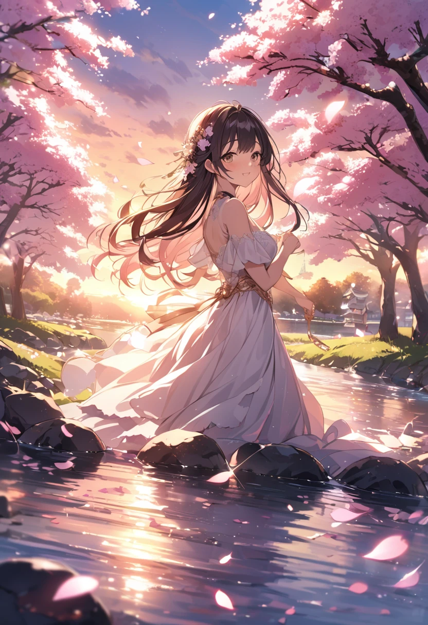 Attention to detail, Super Detail, Ultra-high resolution, Angels having a good time near the river of dreams, Cherry blossom tree and sunset behind the girl,The light of the setting sun shining down on her, The background is a cherry tree,A beautiful river flows to the right of the cherry blossom trees.,Cherry blossoms flutter around her,Cherry blossom petals falling,Delicate face, Add a fantastical atmosphere ,