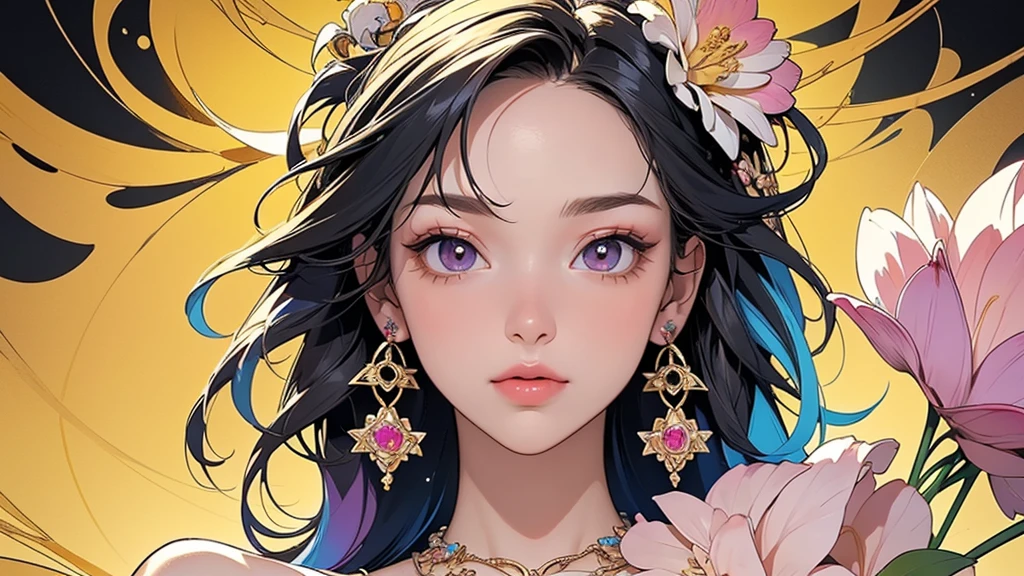 32K, 最高quality, 最高masterpiece, (ultra-Detailed Background, Detailed Background), Absurd, High resolution, Super detailed, Very detailedな, One girl, (bouquet:1.3), (Tangled:1.2), (Geometric:1.2),(colorful),(masterpiece, quality, best quality, Official Art, Beautiful and beautiful:1.2), (1 girl:1.3), Very detailed,(colorful:1.1)(Flowers:1.3),Most detailed,(Tangled:1.2), whole body, (Abstract background:1.3), (Skin glows), (Many colors:1.4), ,(Earrings Jewelry:1.5), Pale yellow background,