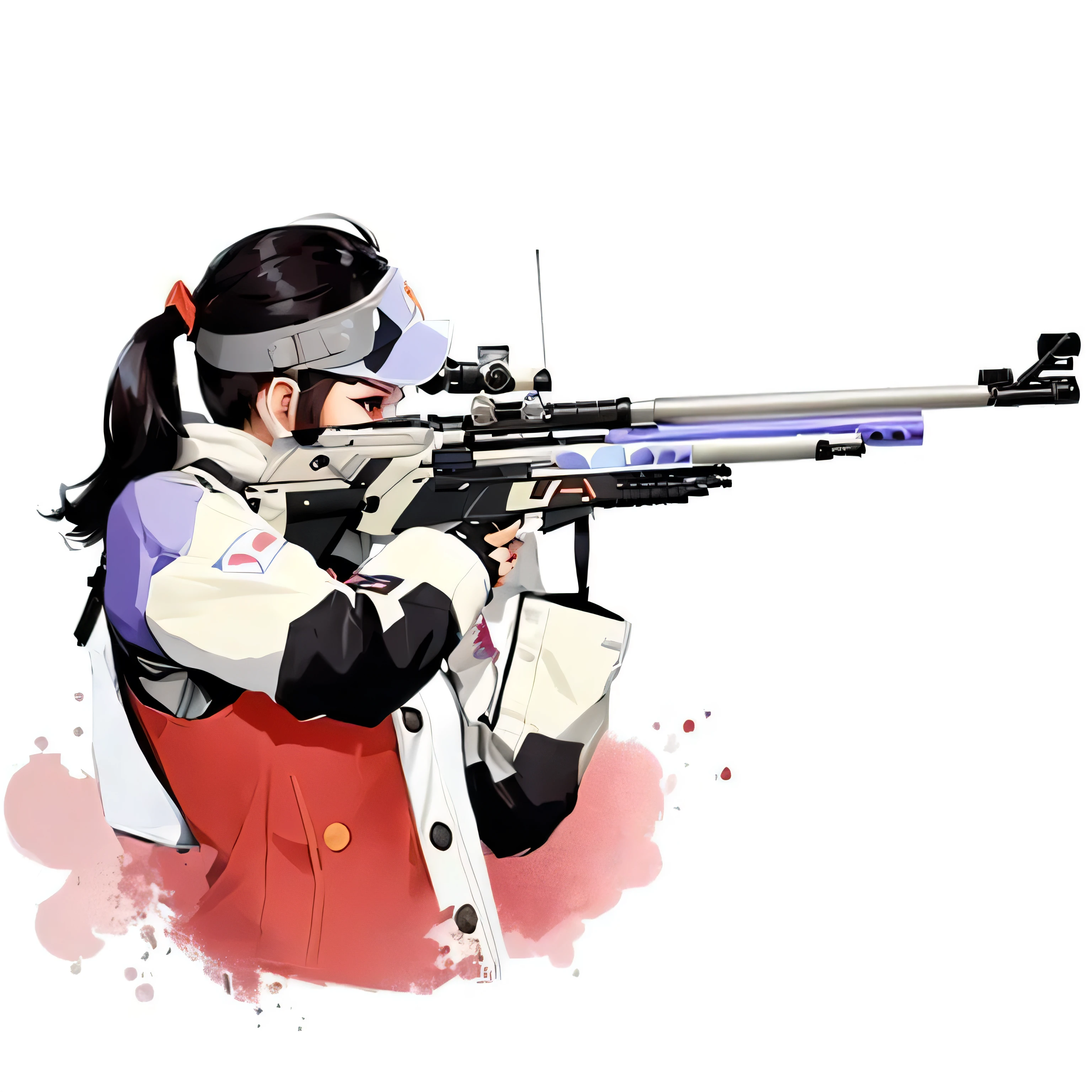 a close up of a person shooting a rifle with a gun, anime machine gun fire, yayoi kasuma, maple story gun girl, trigger anime artstyle, mirrors edge art style, 2 d, 2d, shooting pose, widowmaker, widowmaker from overwatch, mechanized soldier girl, hq artwork, aiming, cel - shaded art style