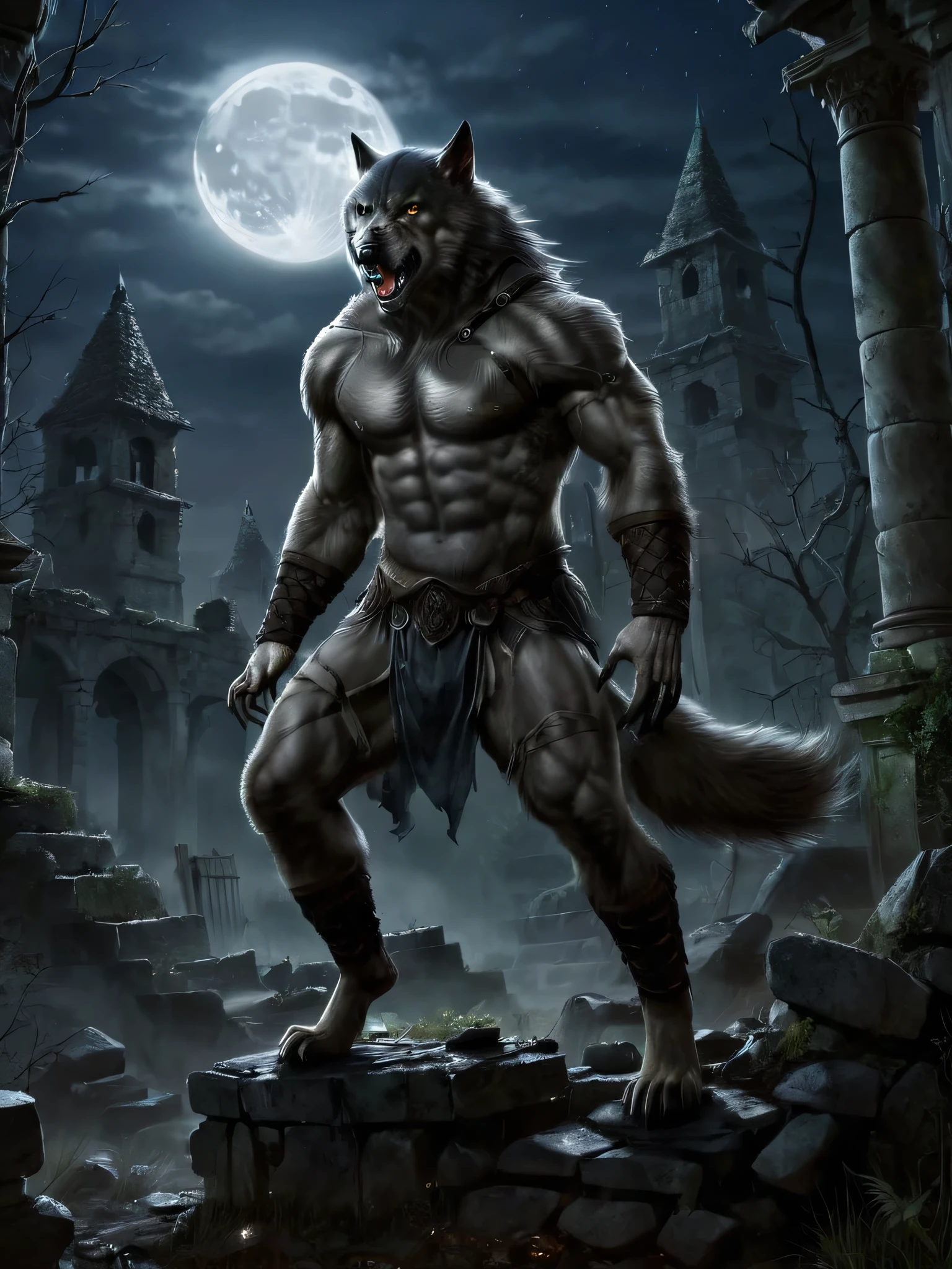 A werewolf rises in an abandoned haunted lost city. Moonlight highlights your muscles and scars.. The landscape is lush and mysterious., with dark city and surroundings. The camera details everything., a warrior woman, in front of him squatting