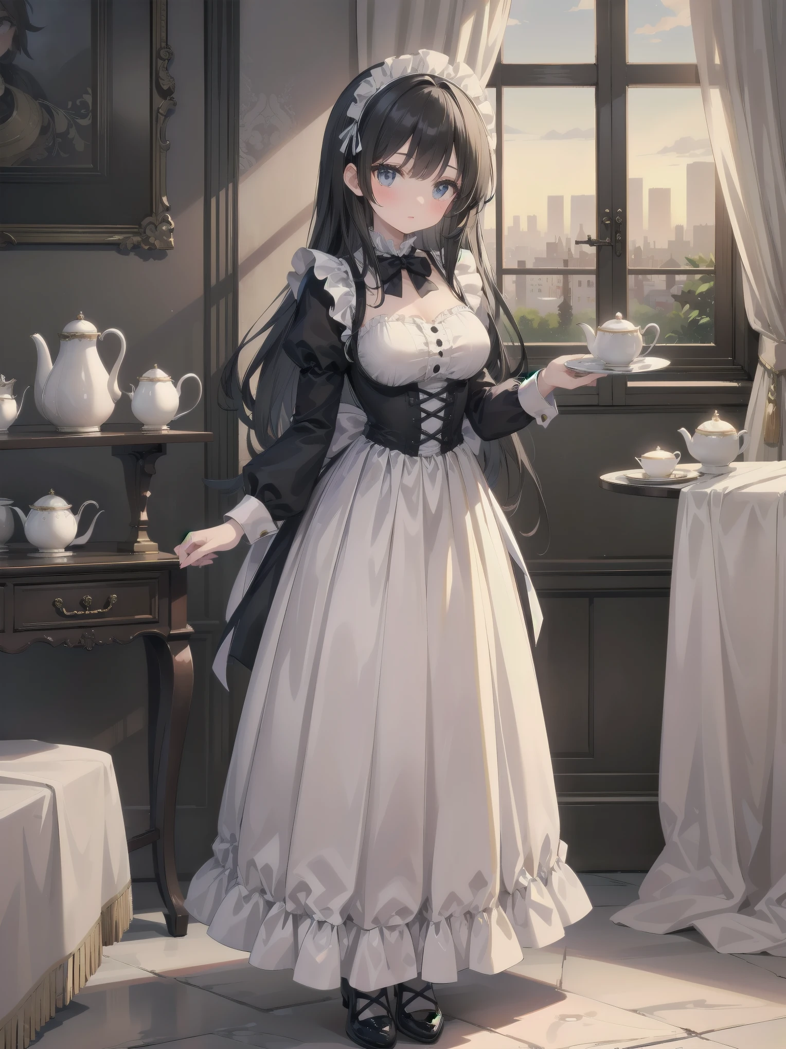 Illustration of a beautiful girl in a cute pose,(Masterpiece: 1.2), (Best quality: 1.2), A cute girl with long black hair, dressed in a classic black and white maid outfit with frilly lace and a matching headband, is standing in a beautifully decorated Victorian-style parlor. She is holding a silver tray with a teapot and teacup, her expression a mix of professionalism and warmth. The background includes ornate furniture, a chandelier, and large windows with heavy drapes, all bathed in soft afternoon light. This illustration emphasizes the elegant and welcoming atmosphere of a high-class tea service