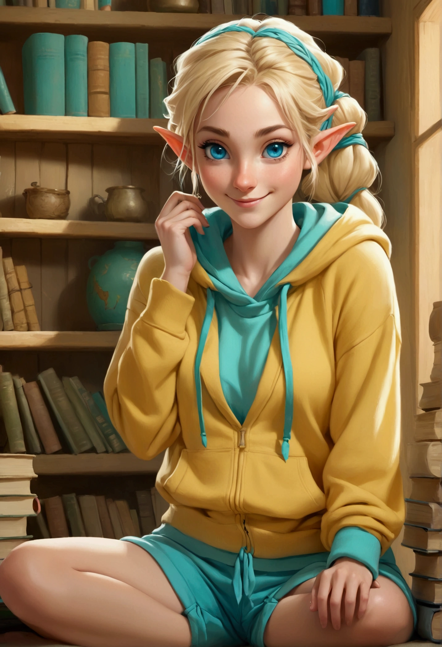 A blonde elf around 20 years old with blue eyes and tied-up hair, smiling. She is wearing a turquoise hoodie that leaves her belly exposed and turquoise shorts. She is sitting on a soft yellow fabric sofa in a rustic room, with bookshelves filled with books and cabinets behind her. The colors of the room and the image are in pastel tones, creating a relaxed and cozy atmosphere.