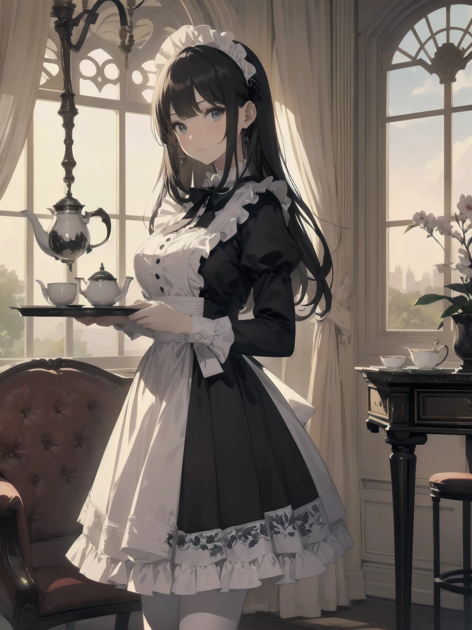 Illustration of a beautiful girl in a cute pose,(Masterpiece: 1.2), (Best quality: 1.2), A cute girl with long black hair, dressed in a classic black and white maid outfit with frilly lace and a matching headband, is standing in a beautifully decorated Victorian-style parlor. She is holding a silver tray with a teapot and teacup, her expression a mix of professionalism and warmth. The background includes ornate furniture, a chandelier, and large windows with heavy drapes, all bathed in soft afternoon light. This illustration emphasizes the elegant and welcoming atmosphere of a high-class tea service