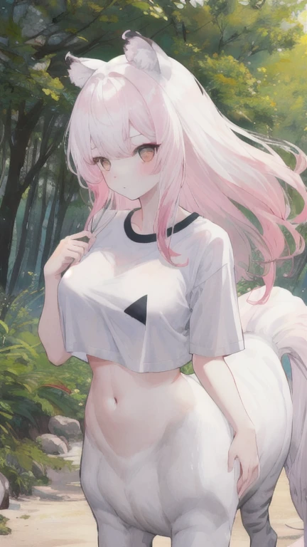 (best quality, masterpiece), 1 girl, centaur, It takes, White skin, Korean ,daughter,black pink, exposing the abdomen, belly button t-shirt , 아름다운 소녀 Perfect wild white tiger photo, Perfect wild white tiger photo