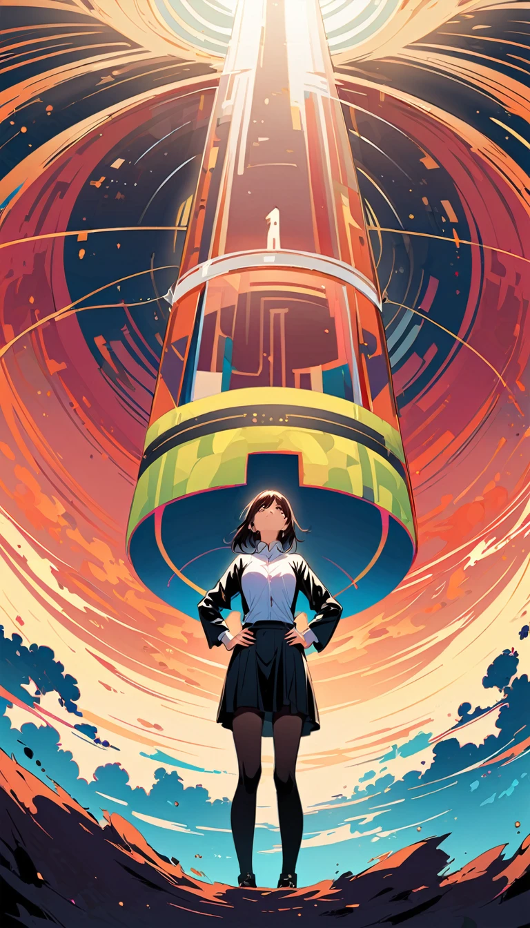 Digital illustration Japanese woman, business style, wearing a black suit, white cutter shirt, black knee-length tight skirt, black pantyhose, and black pumps, stepping on a tennis ball to deflate it, putting both hands on her hips, looking down , a wide shot looking up at this woman from below, with a gentle expression and her whole body down to her toes.