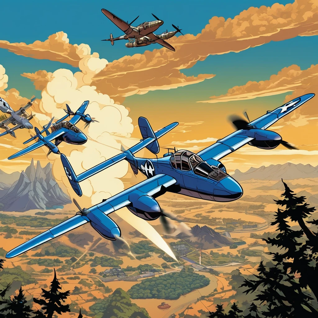 A RETRO VIDEO GAME ART A BLUE P-38 LIGHTNING IN ACTION FIGHTING EVIL MACHINES, graphic illustration, comic art, graphic novel art, vibrant, highly detailed"