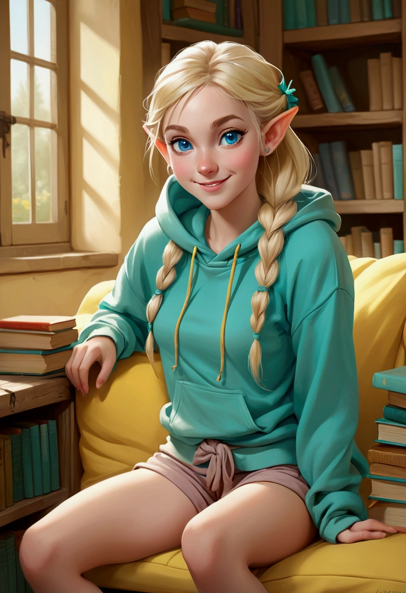 A blonde elf around 20 years old with blue eyes and tied-up hair, smiling. She is wearing a turquoise hoodie that leaves her belly exposed and turquoise shorts. She is sitting on a soft yellow fabric sofa in a rustic room, with bookshelves filled with books and cabinets behind her. The colors of the room and the image are in pastel tones, creating a relaxed and cozy atmosphere.