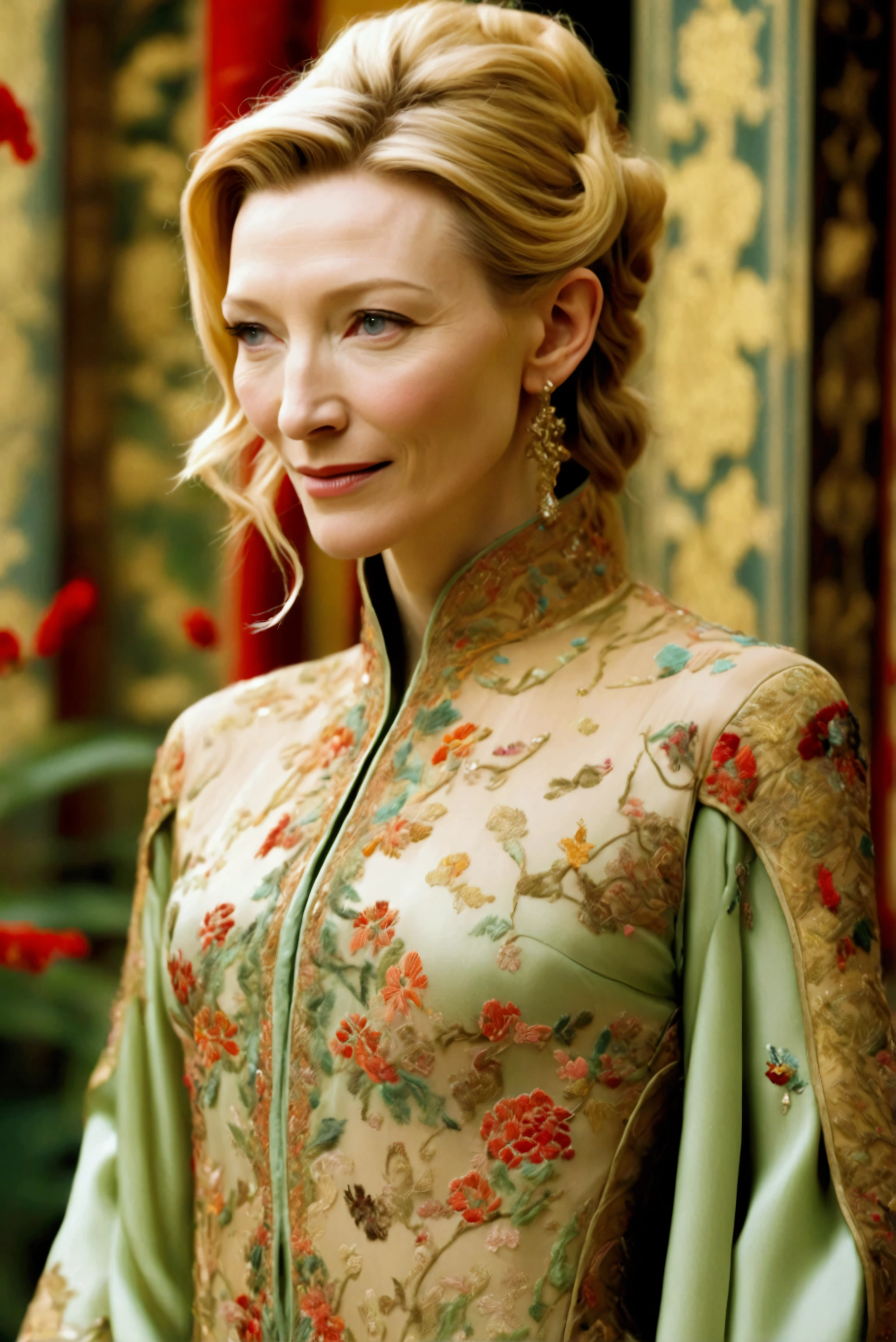 1 woman (Cate Blanchett, age 25, intricate silk Chinese dress with lots of embroidery sheer with several large slits, no underwear, traditional hairstyle and Chinese makeup) wandering through a palace garden
