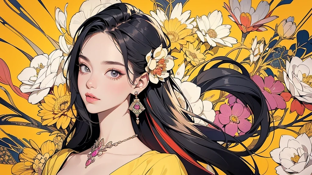 32K, 最高quality, 最高masterpiece, (ultra-Detailed Background, Detailed Background), Absurd, High resolution, Super detailed, Very detailedな, One girl, (bouquet:1.3), (Tangled:1.2), (Geometric:1.2),(colorful),(masterpiece, quality, best quality, Official Art, Beautiful and beautiful:1.2), (1 girl:1.3), Very detailed,(colorful:1.1)(Flowers:1.3),Most detailed,(Tangled:1.2), whole body, (Abstract background:1.3), (Skin glows), (Many colors:1.4), ,(Earrings Jewelry:1.5), Pale yellow background,