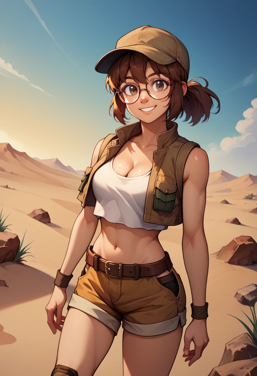 score_9, score_8_up, score_7_up, source_anime, fiogermi,fio germi, brown hair, glasses, medium hair, ponytail, brown eyes, crop top, hat, jacket, knee pads, shorts, sleeveless, navel, belt, outdoors, desert , tank in background , smile, cleavage, looking at viewer, cowboy shot, dutch angle, solo,