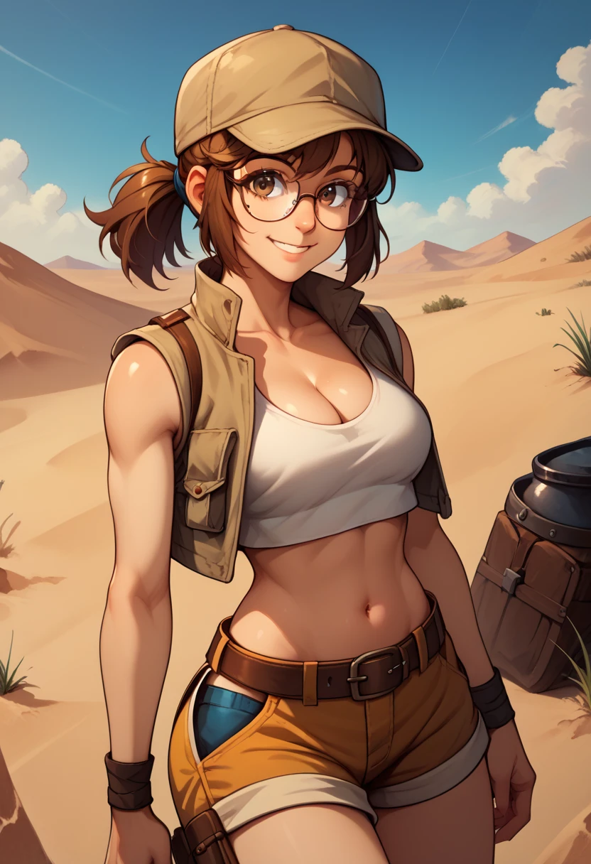 score_9, score_8_up, score_7_up, source_anime, fiogermi,fio germi, brown hair, glasses, medium hair, ponytail, brown eyes, crop top, hat, jacket, knee pads, shorts, sleeveless, navel, belt, outdoors, desert , tank in background , smile, cleavage, looking at viewer, cowboy shot, dutch angle, solo,