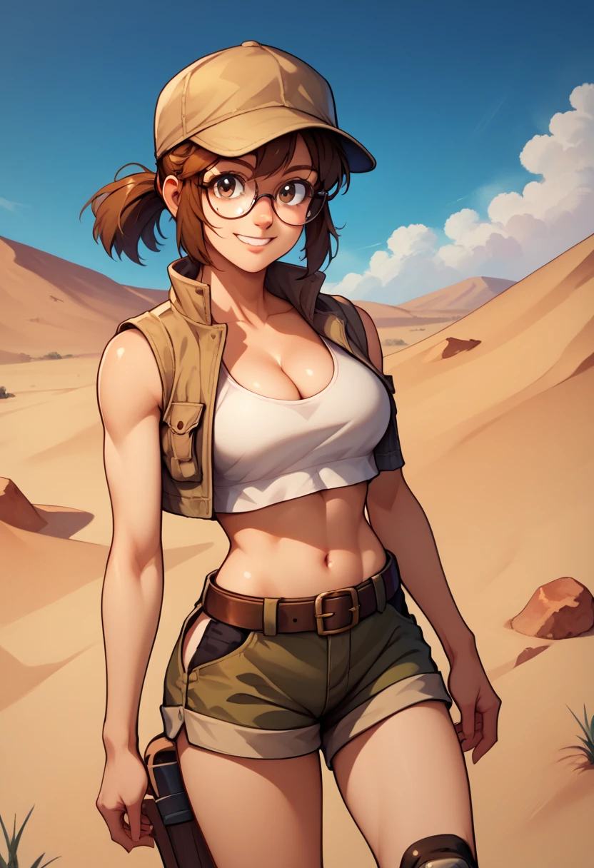 score_9, score_8_up, score_7_up, source_anime, fiogermi,fio germi, brown hair, glasses, medium hair, ponytail, brown eyes, crop top, hat, jacket, knee pads, shorts, sleeveless, navel, belt, outdoors, desert , tank in background , smile, cleavage, looking at viewer, cowboy shot, dutch angle, solo,